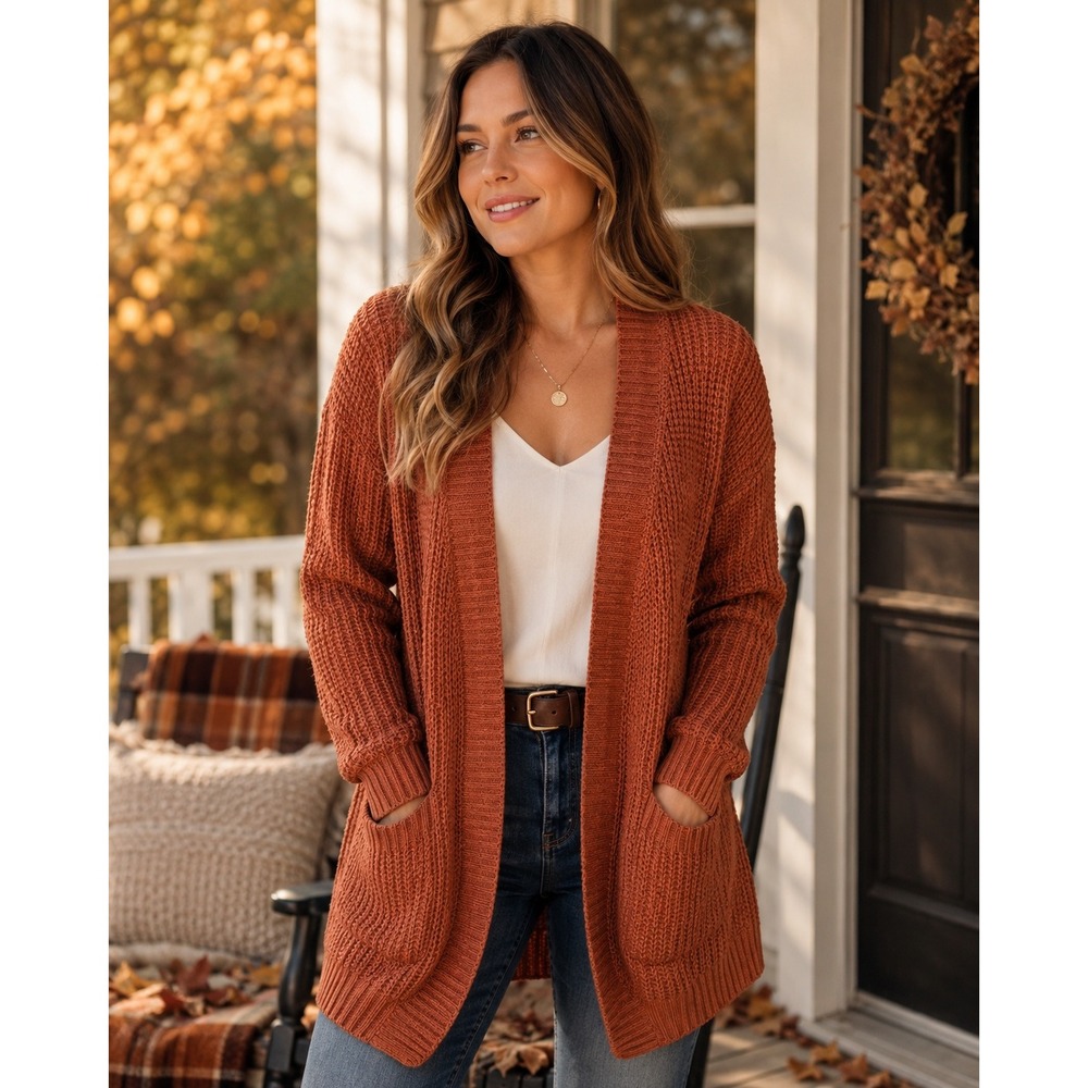 YIBOCK Women Rust Orange Waffle Knit Open Front Cardigan Sweater with Pockets L